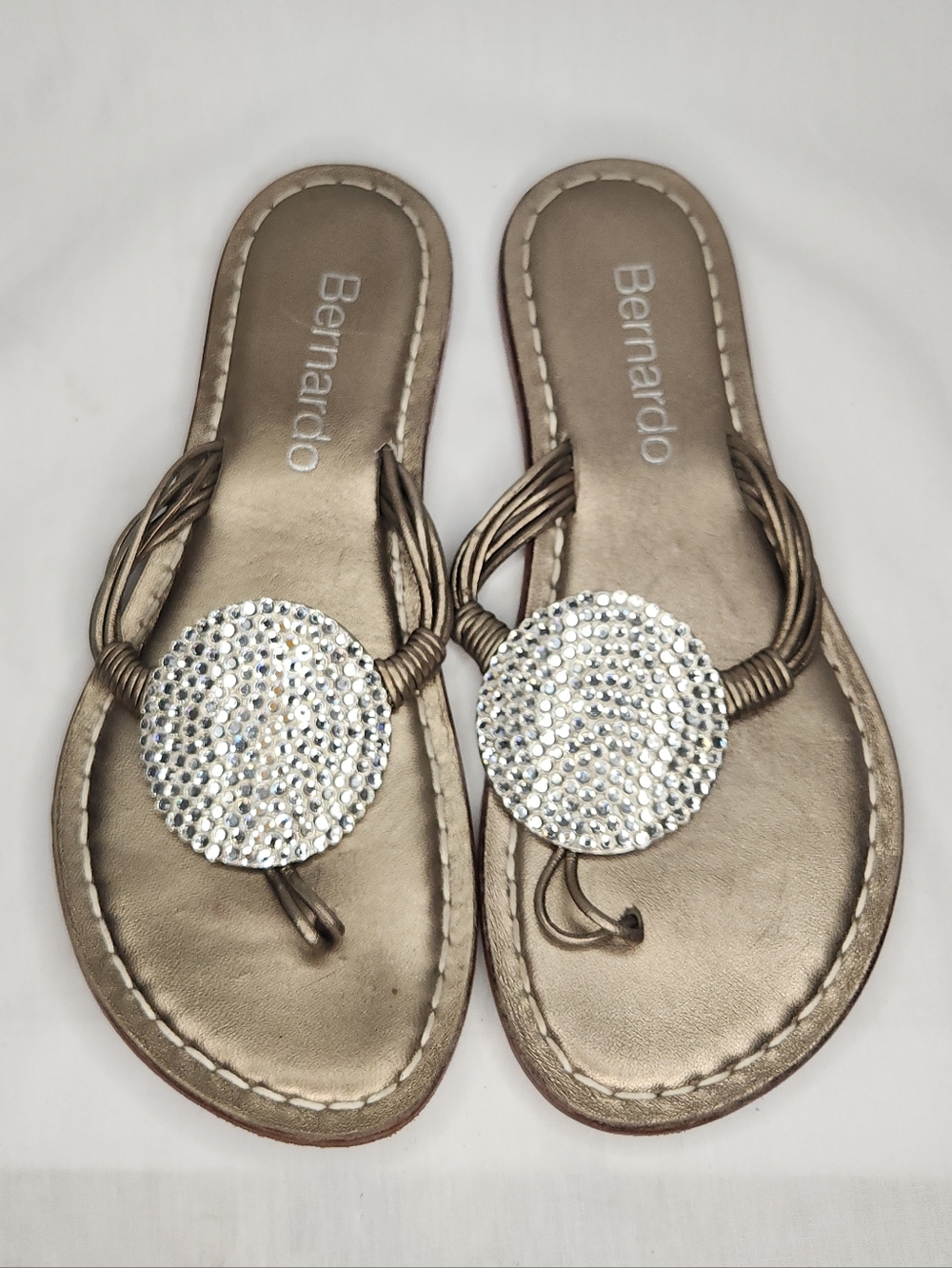 Bernardo Leather Metallic Taupe Dimond Jeweled Thong Strappy Dress Sandals